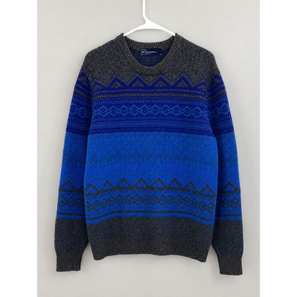 Vtg 90s Gap Sweater Mens L Blue Fair Isle Lambswool Blend Nordic Y2K Retro